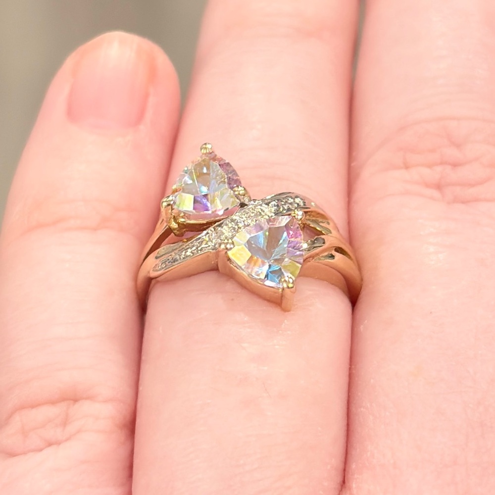 14K Titanium Quartz Diamond Ring Double Trillion Cut Aurora Iridescent 6.25 - Picture 3 of 15